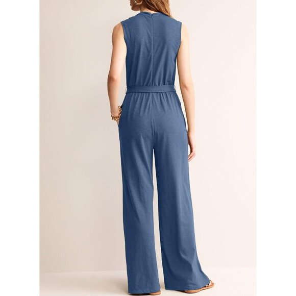 Blencot Women Blue Dressy Summer Belted V Neck Wide Leg Outfits with Pockets - Picture 2 of 6